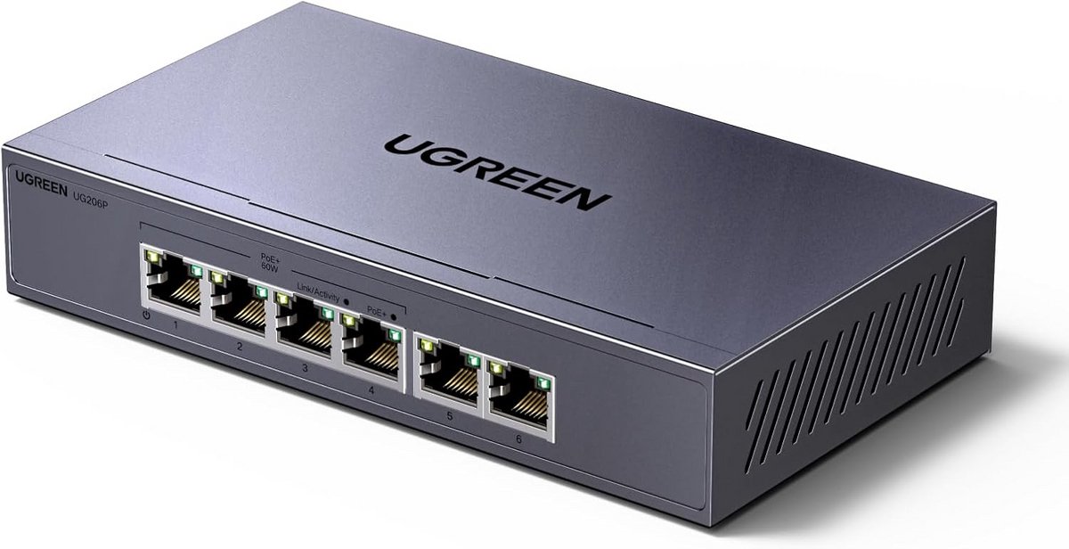 PoE+ Switch 6 Poorten Gigabit LAN met 60W Power Budget, VLAN en 250m Verlenging