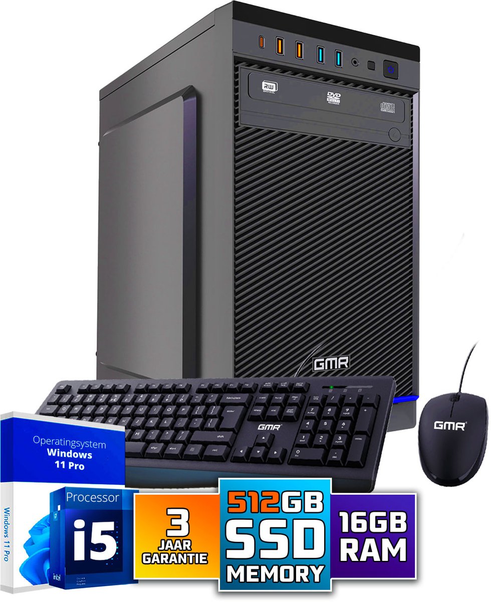 Intel Ultra Compleet Desktop PC | Intel Core i5 | 16 GB RAM | 512GB SSD M.2 | DVD+RW | Windows 11 Pro | Business Office Multimedia Computer | Inclusief Muis & Toetsenbord