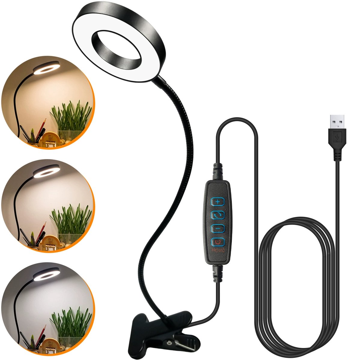 Clip-on Leeslamp, 48-LED USB-bureaulamp, 3 Kleurmodi Met 10 Helderheidsniveaus, Oogbeschermende Boekclipverlichting, 360° Flexibele Zwanenhals Clip-on Bureaulamp
