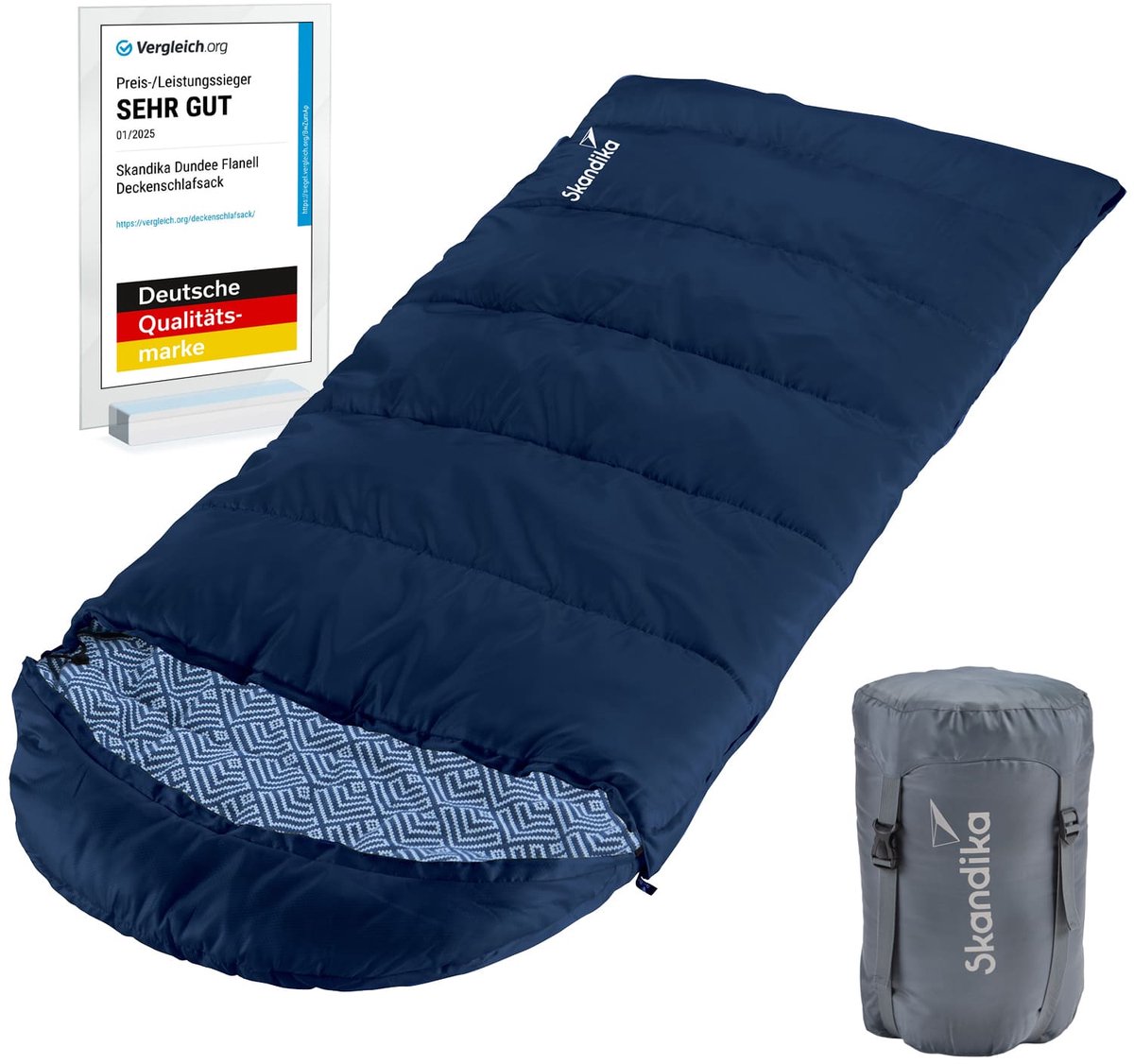Skandika Dundee Junior Kinderslaapzak – Dekenmodel slaapzakken - Slaapzakken kinderen - Outdoor kampeerslaapzak voor kinderen met draagtas – Zacht materiaal van katoen – Waterafstotend – Comfort bereik van 10 tot 2°C, 175 (145+30) x 70 cm – indigo