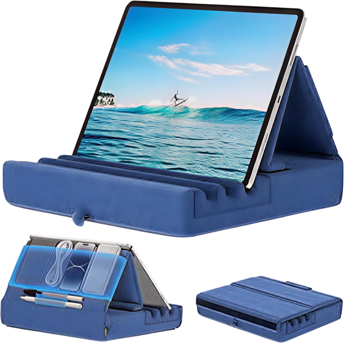 Opvouwbare Tablet Kussenhouder – Geschikt voor iPad en Tablets – Zacht en Stevig met Pocket en Stylus Houder – Ideaal voor Gebruik op Schoot, in Bed en op Bureau