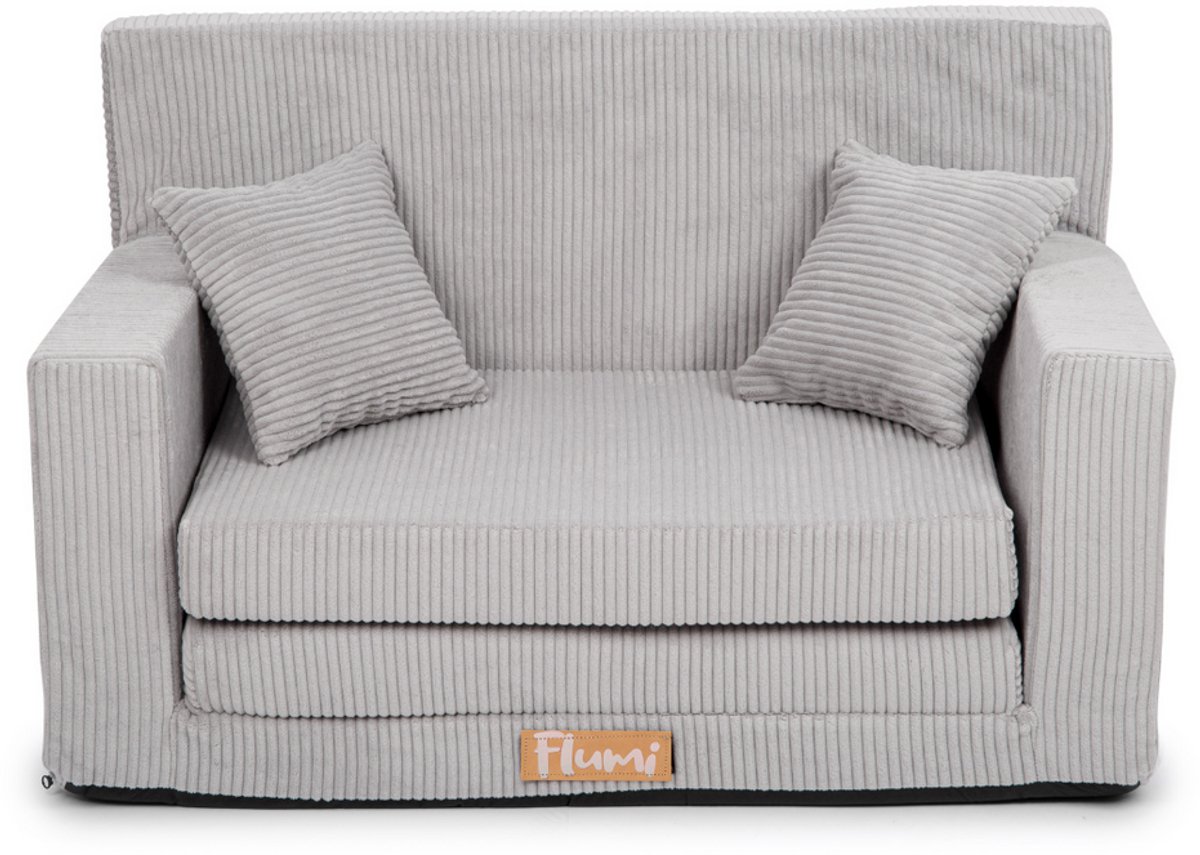 Flumi opvouwbare mini kindersofa van ribfluweel – zachte kinderbank met uitklapfunctie en afneembare hoes, grijs