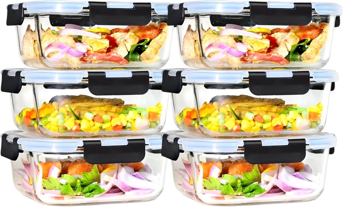 Set van 6 Vierkante Glazen Maaltijdbereidingsbakken - 1200 ml - Inclusief Deksel - BPA-vrij