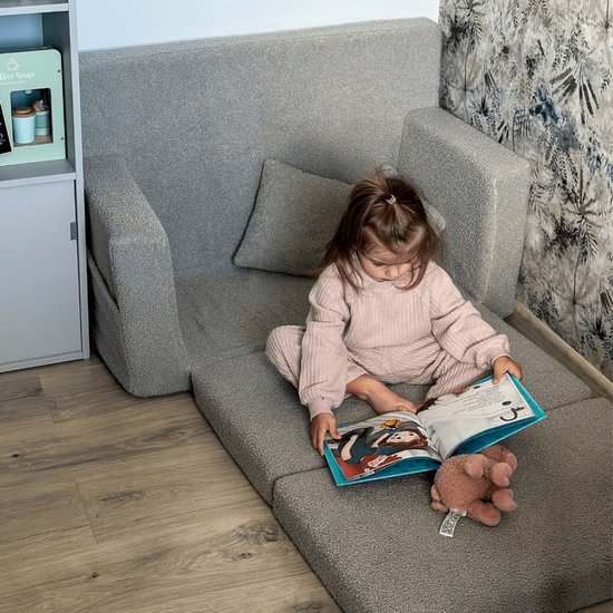 Flumi opvouwbare mini kindersofa van teddy stof - zachte kinderbank met uitklapfunctie en afneembare hoes, grijs van Flumi — afbeelding 4