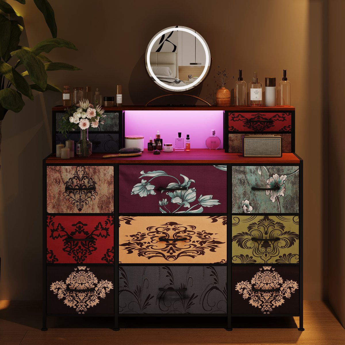 Grote opbergkast - vintage stijl, led-sfeerverlichting, ladesysteem met meerdere lades - veel opbergruimte voor woonkamer, slaapkamer en kantoor.