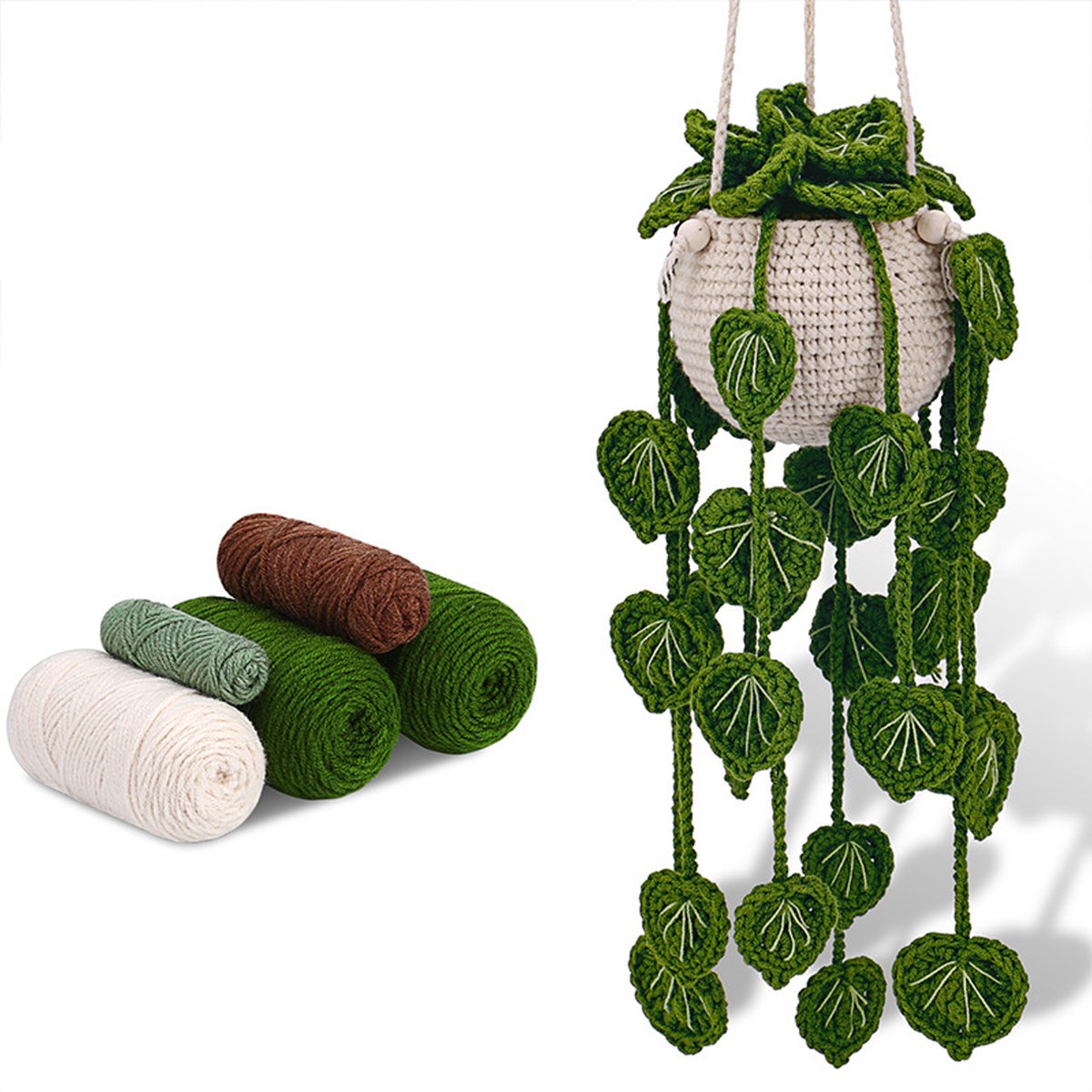 OUYLAF Haakpakket voor Beginners - Haakset voor hangende potplanten met - decoratie (groene grasplanten) - Compleet DIY Starterspakket