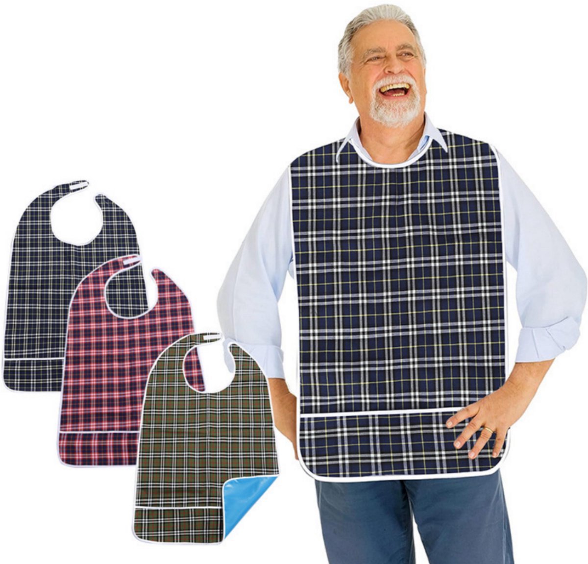3 stuks - SWGOTA Slabbetjes voor volwassenen - Water- en stofdicht - Met afneembaar - Opvangzakje voor kruimels - Unisex - Klittenbandsluiting - Wasbaar en herbruikbaar - Ruitjespatroon - 88 x 60 cm - Diverse kleuren