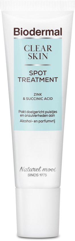 Witte Biodermal Clear Skin Spot Treatment tube met blauw label. ZINK & SUCCINIC ACID.