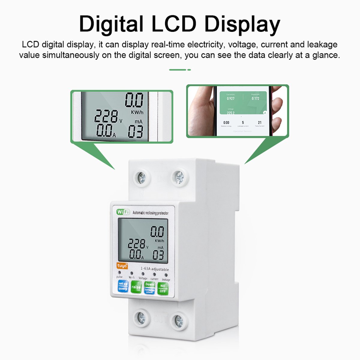 Tuya ZigBee Intelligente Automatische Herinschakelingsbeveiliging Multifunctionele Stroom- en Spanningsmeter LCD-schermschakelaar Vermogensmeter Beschermingswaarden Instelbare Metering Stroomonderbreker Mobiele telefoon APP Bediening Gateways nodig