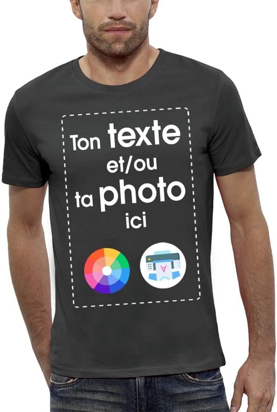 Donkergrijs T-shirt voor heren met wit kader voor tekst of foto, inclusief kleurwiel- en printericonen.