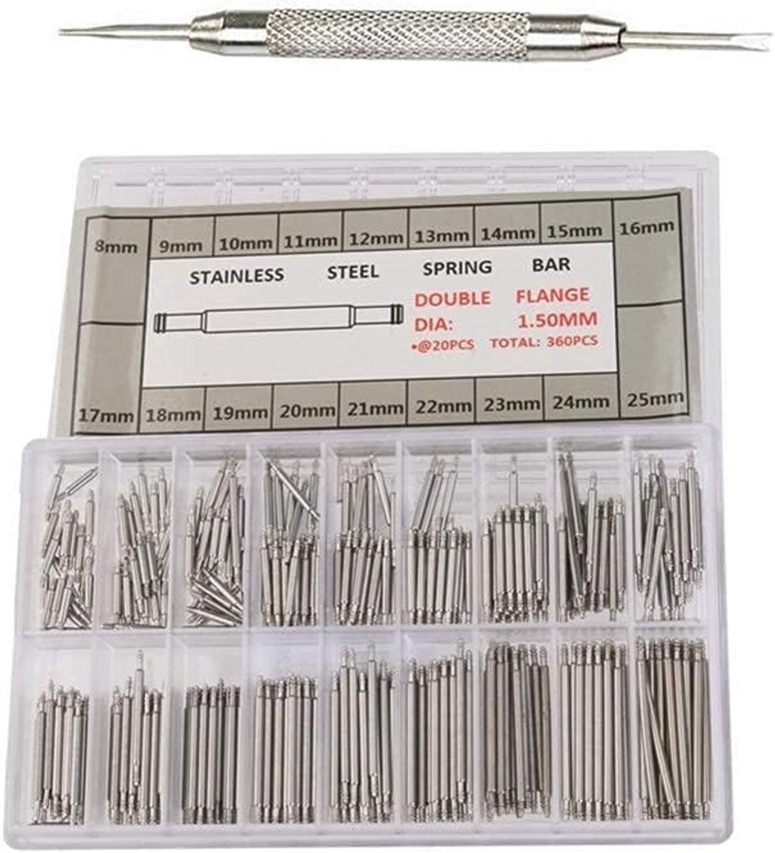 Horlogegereedschap Set met 360 Stuks - Veerpennen en Reparatiegereedschap - Roestvrij Staal voor Horlogebandjes 8-25 mm