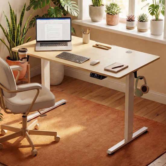 Bureau assis-debout Casaria - Réglable électriquement USB 140x60cm – Beige