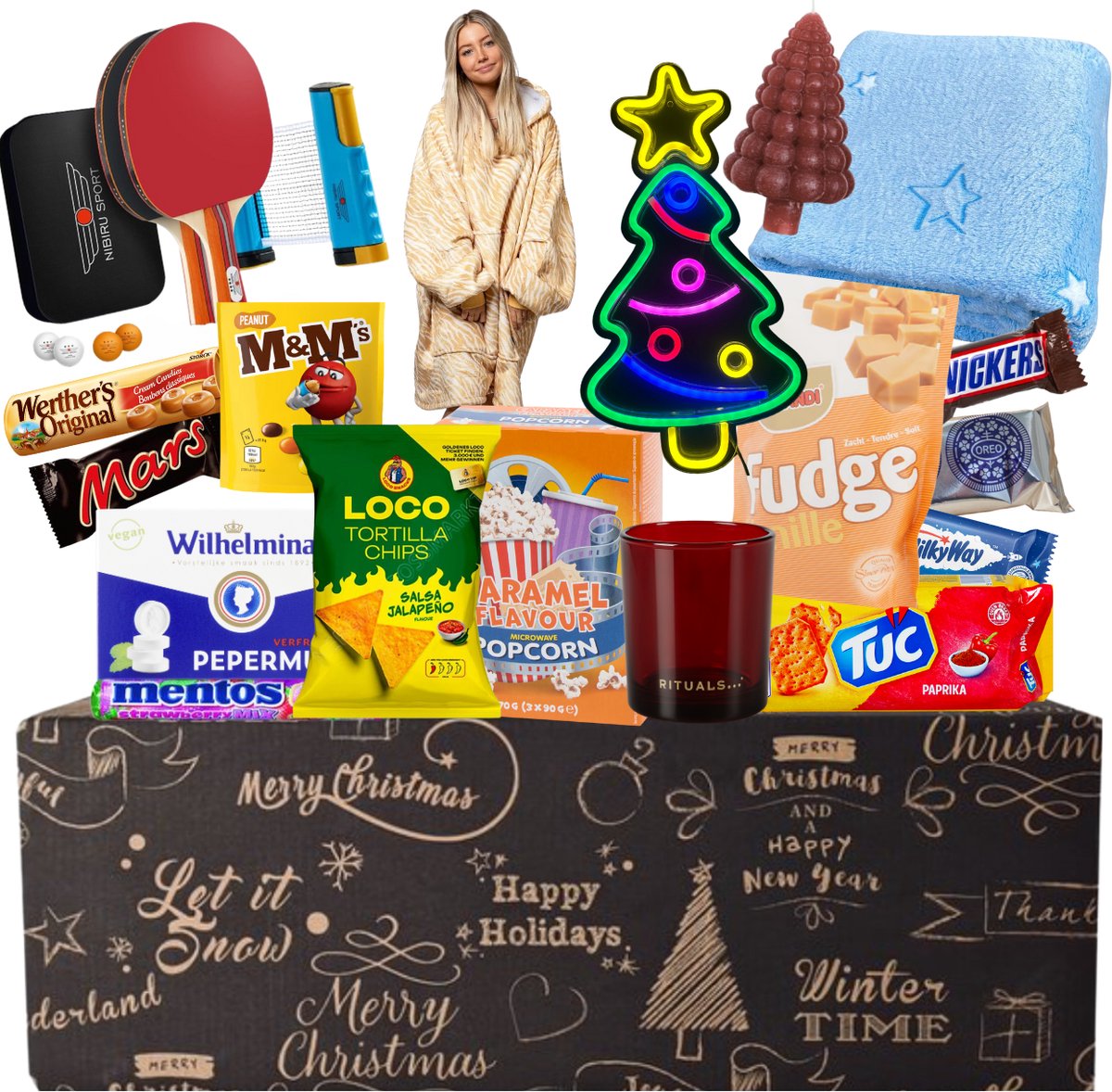 Kerstpakket XL - Incl. Gadgets & Food t.w.v €100 - Cadeaupakket - Feestpakket - Doos - Voor Mannen & Vrouwen