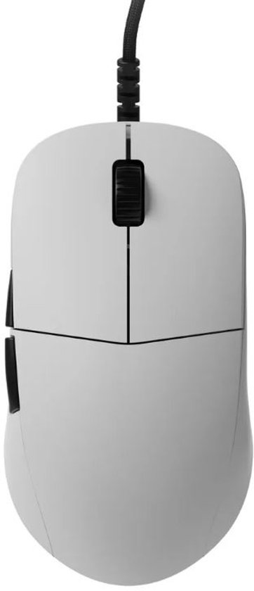 Witte computer muis met scrollwiel en twee knoppen. De muis heeft een strak, ergonomisch design.
