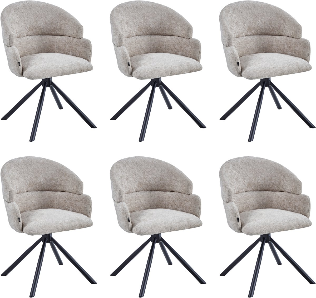 Colenis Elena Eetkamerstoel - Set van 6 - Taupe - Chenille Stof - Gestoffeerde zitting - Metalen poten - 180° - Draaistoel