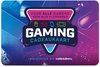 Gaming cadeaukaart met de tekst 'VOOR ALLE GAMERS VOOR ALLE PLATFORMEN GAMING CADEAUKAART'. Iconen van een gamecontroller, gameconsole en muis. Blauwe en roze gloed.