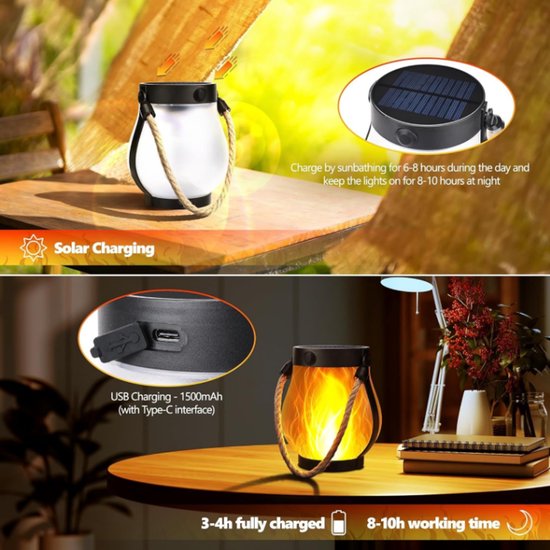 Solar Tuinverlichting - 2 Stuks - Vlam Effect - Tuinlantaarn - Tuinlamp Solar - Buitenverlichting - Solar Buitenlamp - Waterdicht - Met Touw - Geschikt Voor Camping, Terrassen, Tuinen, Patio's, Veranda's, Tuindecoraties — afbeelding 2