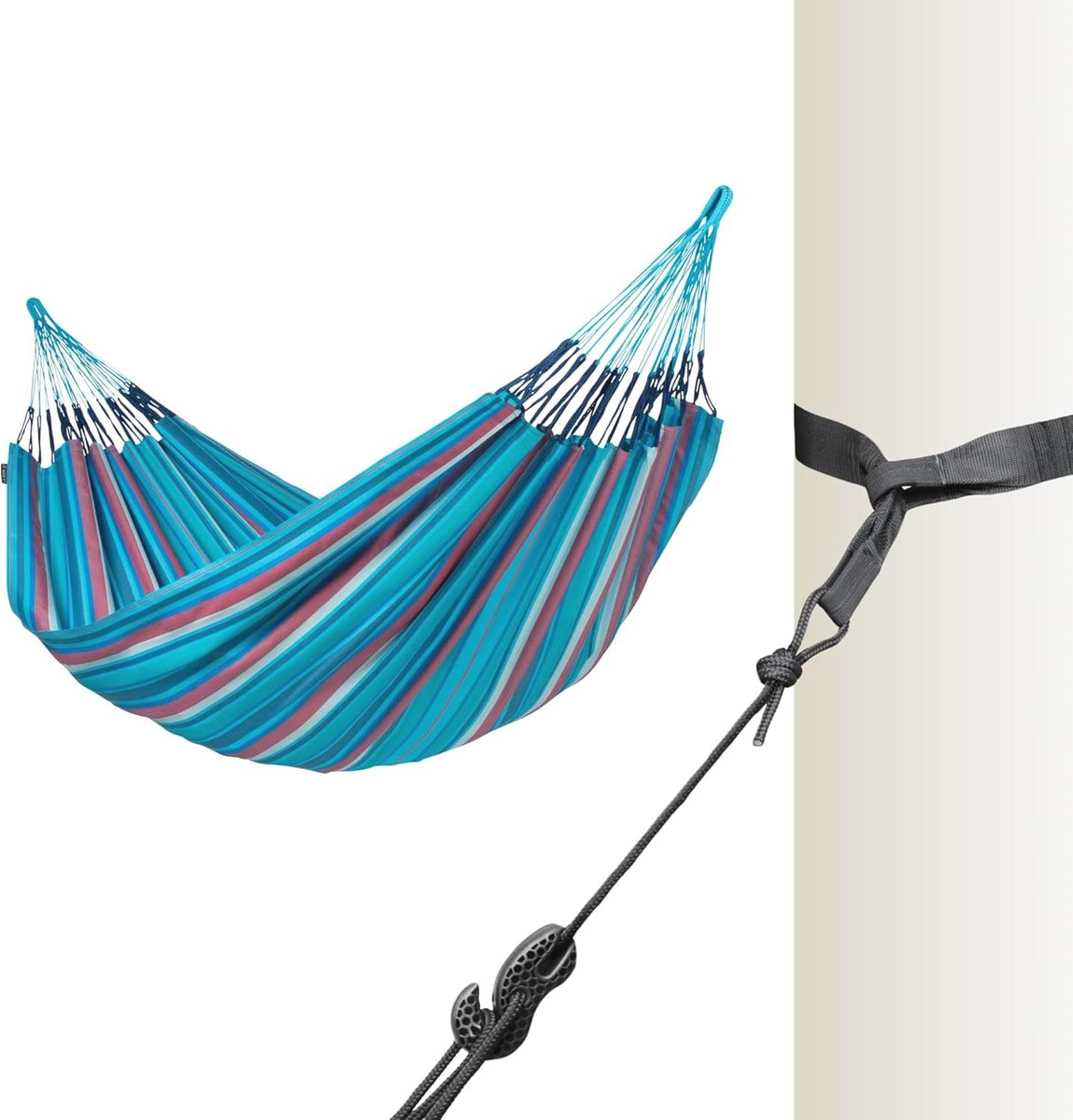 Klassieke dubbele hangmat met boom- en paalbevestiging, handgemaakt in Colombia - 160 cm breed voor optimaal comfort