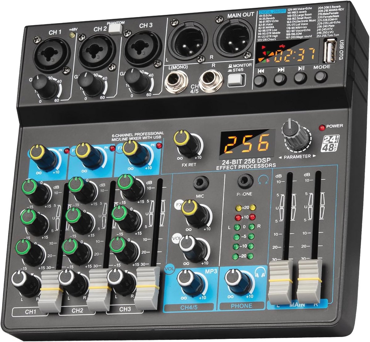 Professionele audiomixer met Bluetooth en 5-kanaals ingangsinterface voor opname en live streaming