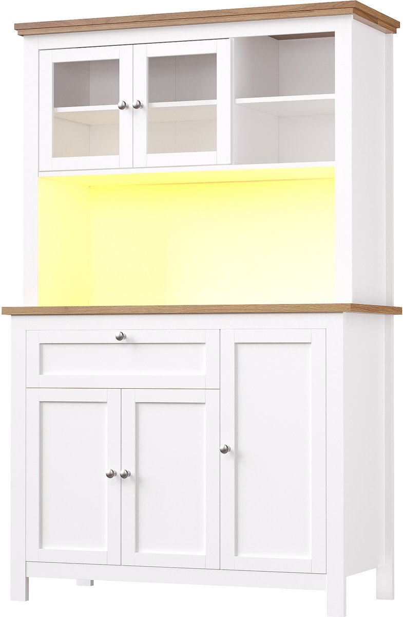 Kast voor in de keuken (104×40×180 cm), Hoge keukenkast, Vitrinekast, Buffetkast met verstelbare planken, Sideboard met LED-verlichting, variabele lichtkleuren, wit