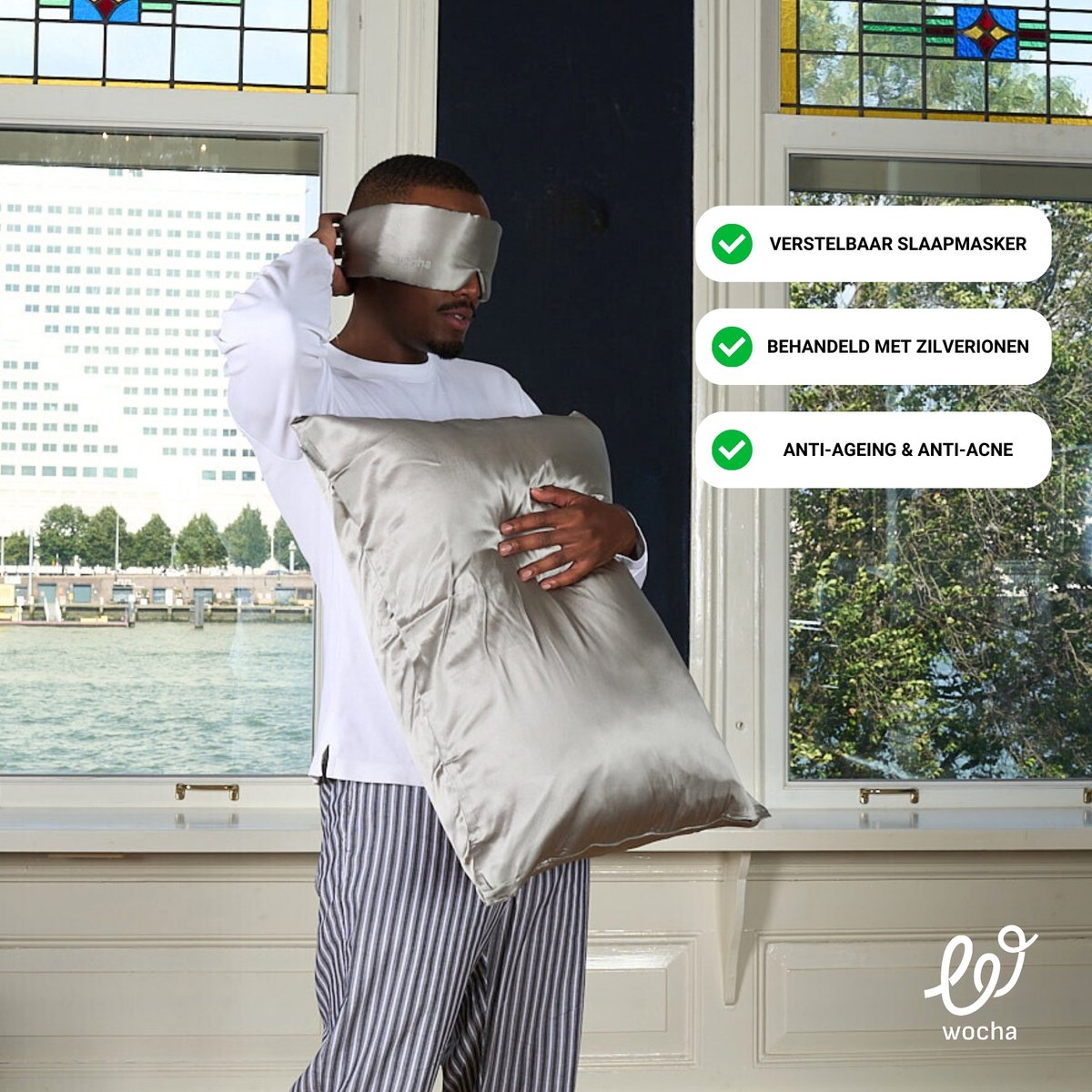Wocha 100% Premium Moerbei Zijden Slaapmasker – 22 Momme – Hoogste kwaliteit 6A Zijde – Grijs – Voor vrouwen en mannen — afbeelding 2