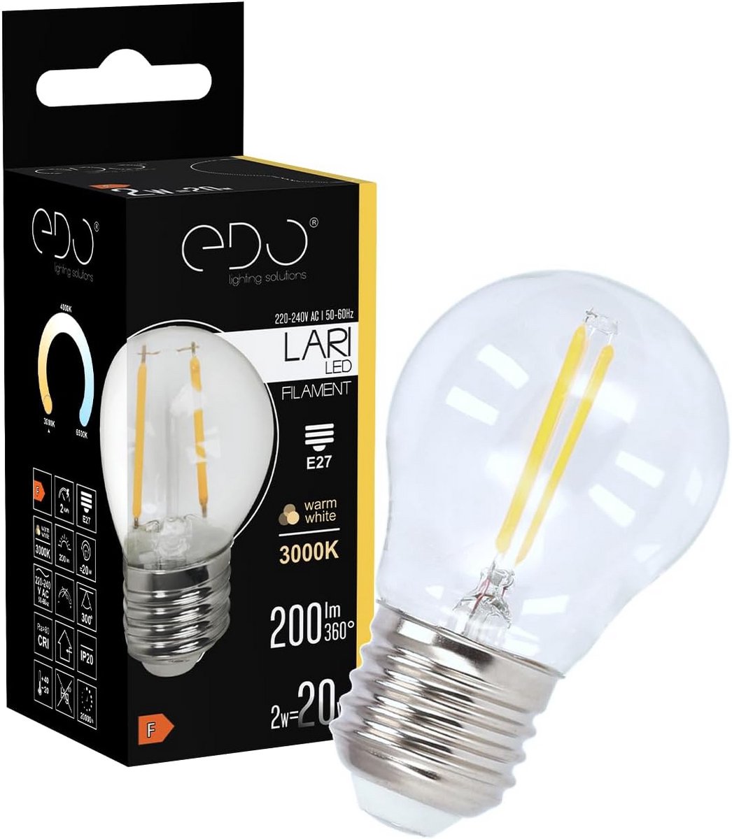 Energiezuinige LED Gloeilamp E27 2W Warm Wit 3000K 200 Lumen