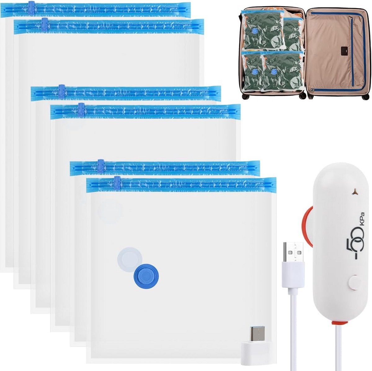6x Vacuümzakken voor Kleding met USB Elektrische Pomp - Ruimtebesparend Reizen & Opslag