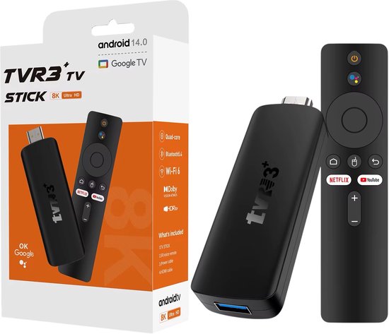 TVR3+ TV Stick 8K Ultra HD – Android 14 Google TV – WiFi 6 – Chromecast – Streaming Stick met Voice Remote