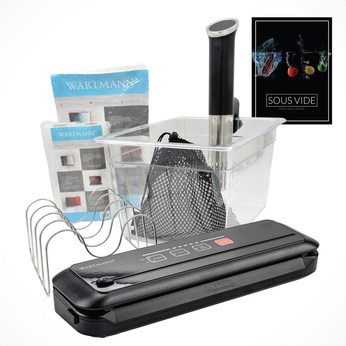 Wartmann Sous Vide Stick 1508 - Complete Voordeelset - Inclusief Vacuümmachine, Vacuumzakken & Rollen, Waterbak, Rekje, Isolatieballen en Sous Vide Handboek (digitaal)