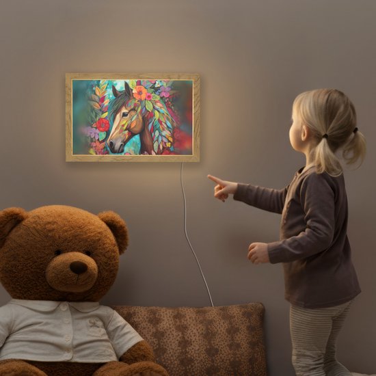 Nachtlampje 30x20 cm - Kinder lampje - Paard - Bloemen - Schilderij - Natuur - Verf - Tafellamp kinderkamer - Slaapkamer lamp - Bedlamp kinderen - Kinderlampje stopcontact - Wandlamp babykamer - Nachtlampjes van OnlyWow — afbeelding 5