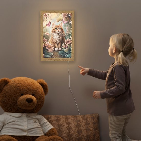 Nachtlampje 20x30 cm - Kinder lamp - Kat - Bloemen - Vlinders - Roze - Tafellamp kinderkamer - Slaapkamer lamp - Bedlamp kinderen - Kinderlampje stopcontact - Wandlamp babykamer - Nachtlampjes van Merkloos — afbeelding 5