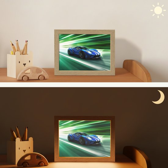 Nachtlampje 20x15 cm - Kinder lamp - Race auto - Blauw - Groen - Tafellamp kinderkamer - Slaapkamer lamp - Bedlamp kinderen - Kinderlampje stopcontact - Wandlamp babykamer - Nachtlampjes van Merkloos — afbeelding 4