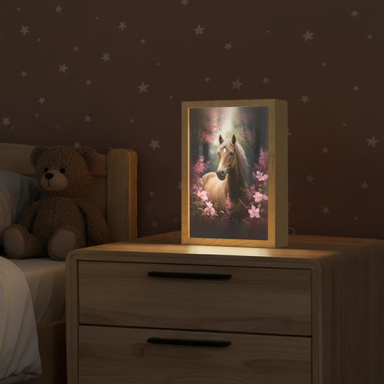 Nachtlampje 20x30 cm - Kinder lampje - Paard - Bloemen - Roze - Natuur - Bos - Tafellamp kinderkamer - Slaapkamer lamp - Bedlamp kinderen - Kinderlampje stopcontact - Wandlamp babykamer - Nachtlampjes van OnlyWow — afbeelding 2