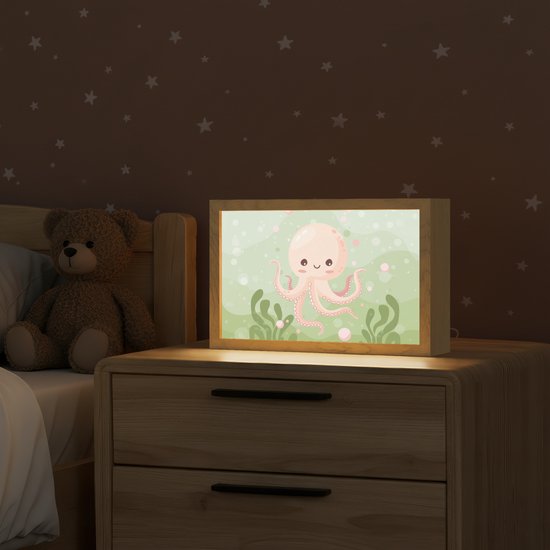 Nachtlampje 30x20 cm - Kinder lampje - Octopus - Zeedieren - Groen - Onderwater - Tafellamp kinderkamer - Slaapkamer lamp - Bedlamp kinderen - Kinderlampje stopcontact - Wandlamp babykamer - Nachtlampjes van OnlyWow — afbeelding 2