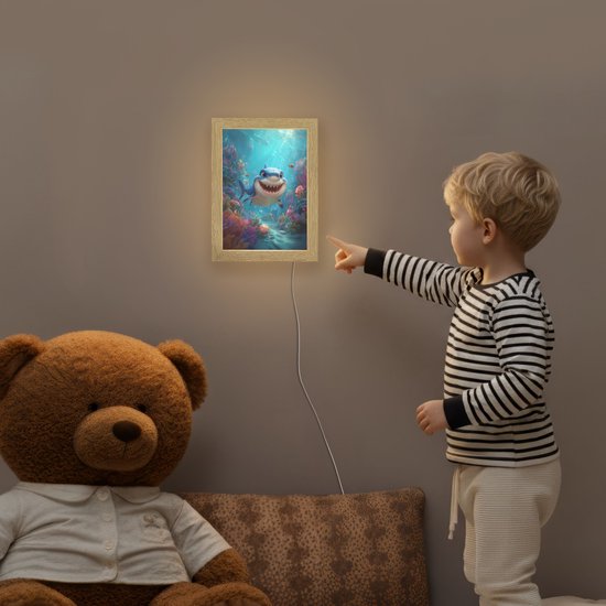 Nachtlampje 15x20 cm - Kinder lampje - Haai - Onderwaterwereld - Oceaan - Tafellamp kinderkamer - Slaapkamer lamp - Bedlamp kinderen - Kinderlampje stopcontact - Wandlamp babykamer - Nachtlampjes van OnlyWow — afbeelding 5