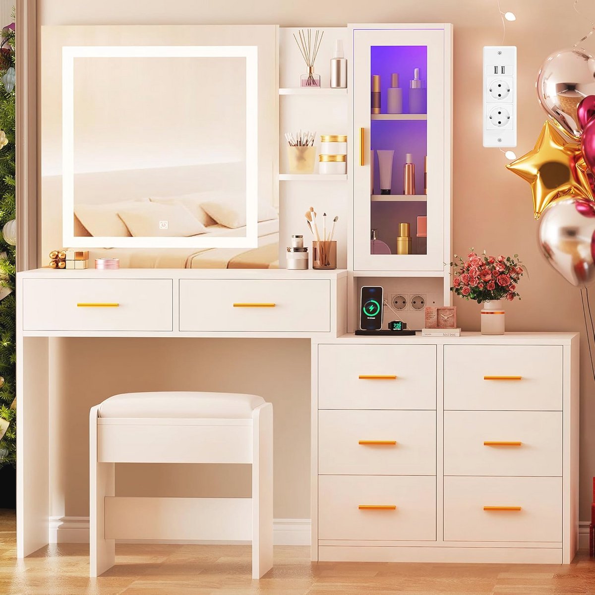 Make-uptafel met LED-verlichting en spiegel - Moderne kaptafel met 8 laden en RGB plank