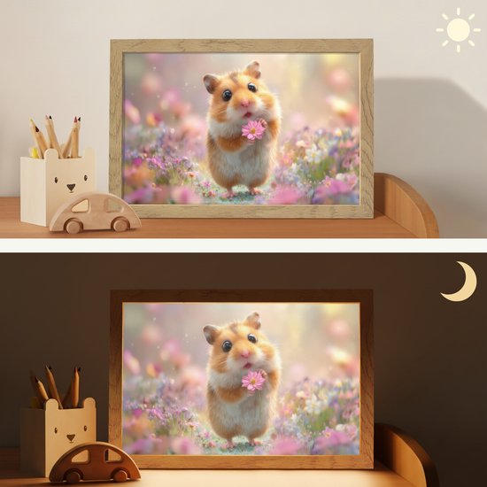 Nachtlampje 30x20 cm - Kinder lampje - Hamster - Bloemen - Roze - Oranje - Tafellamp kinderkamer - Slaapkamer lamp - Bedlamp kinderen - Kinderlampje stopcontact - Wandlamp babykamer - Nachtlampjes van OnlyWow — afbeelding 4