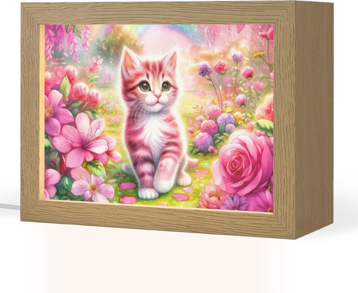 Nachtlampje 20x15 cm - Kinder lampje - Kitten - Roze - Kat - Regenboog - Bloemen - Tafellamp kinderkamer - Slaapkamer lamp - Bedlamp kinderen - Kinderlampje stopcontact - Wandlamp babykamer - Nachtlampjes