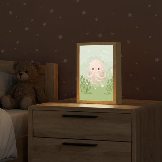 Nachtlampje 20x30 cm - Kinder lampje - Octopus - Zeedieren - Groen - Onderwater - Tafellamp kinderkamer - Slaapkamer lamp - Bedlamp kinderen - Kinderlampje stopcontact - Wandlamp babykamer - Nachtlampjes van Merkloos — afbeelding 2