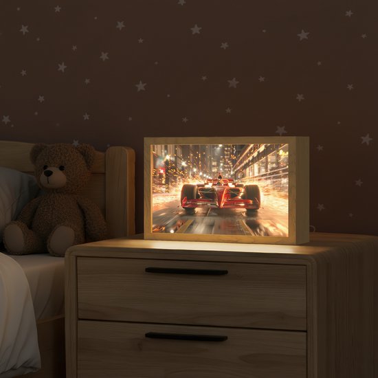 Nachtlampje 30x20 cm - Kinder lampje - Formule 1 - Auto - Race - Goud - Jongens - Tafellamp kinderkamer - Slaapkamer lamp - Bedlamp kinderen - Kinderlampje stopcontact - Wandlamp babykamer - Nachtlampjes van OnlyWow — afbeelding 2