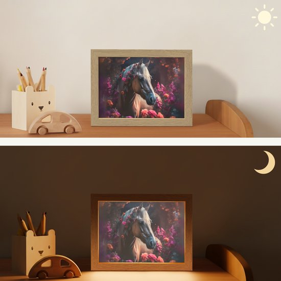 Nachtlampje 20x15 cm - Kinder lamp - Paard - Bloemen - Paars - Oranje - Dieren - Tafellamp kinderkamer - Slaapkamer lamp - Bedlamp kinderen - Kinderlampje stopcontact - Wandlamp babykamer - Nachtlampjes van Merkloos — afbeelding 4