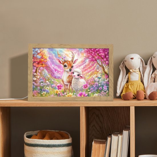 Nachtlampje 30x20 cm - Kinder lamp - Hertje - Lammetje - Bloemen - Pastel - Tafellamp kinderkamer - Slaapkamer lamp - Bedlamp kinderen - Kinderlampje stopcontact - Wandlamp babykamer - Nachtlampjes van Merkloos — afbeelding 3