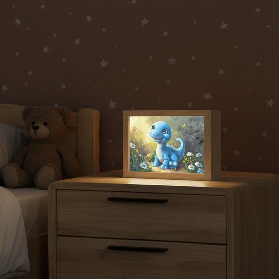 Nachtlampje 20x15 cm - Kinder lampje - Dino - Blauw - Baby - Dinosaurus - Tafellamp kinderkamer - Slaapkamer lamp - Bedlamp kinderen - Kinderlampje stopcontact - Wandlamp babykamer - Nachtlampjes van Merkloos — afbeelding 2