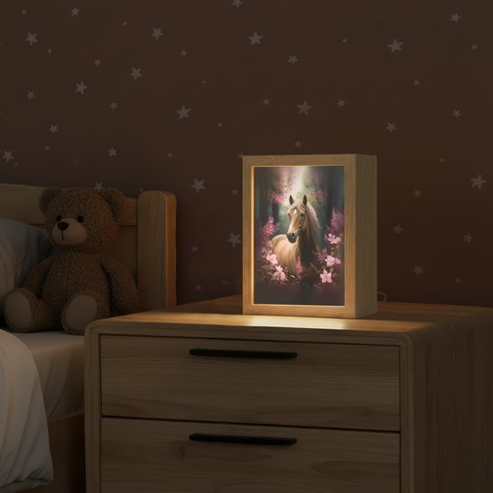 Nachtlampje 15x20 cm - Kinder lamp - Paard - Bloemen - Roze - Natuur - Bos - Tafellamp kinderkamer - Slaapkamer lamp - Bedlamp kinderen - Kinderlampje stopcontact - Wandlamp babykamer - Nachtlampjes van Merkloos — afbeelding 2
