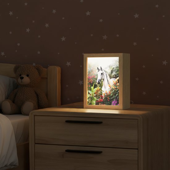 Nachtlampje 15x20 cm - Kinder lamp - Paard - Wit - Bos - Bloemen - Planten - Tafellamp kinderkamer - Slaapkamer lamp - Bedlamp kinderen - Kinderlampje stopcontact - Wandlamp babykamer - Nachtlampjes van Merkloos — afbeelding 2