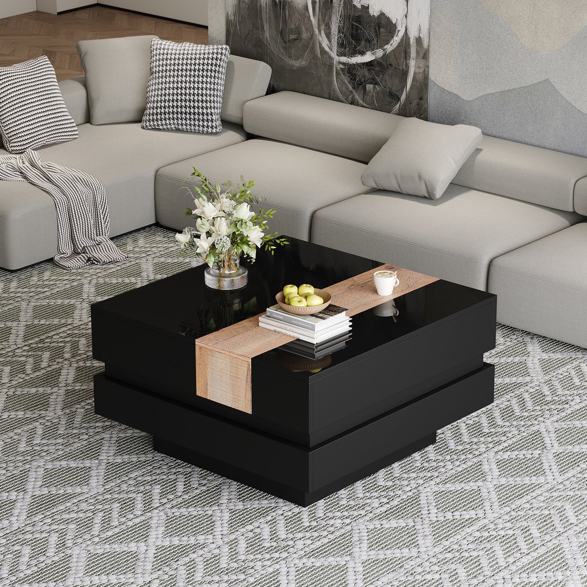 70x70x39 cm hoogglans uitschuifbare tafel - bijzettafel - met opbergruimte - vierkante salontafel - zwart