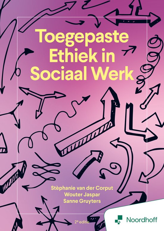 Boek 'Toegepaste Ethiek in Sociaal Werk' met diverse pijlen en krullen op een paarse achtergrond. Titel en auteurs in geel.