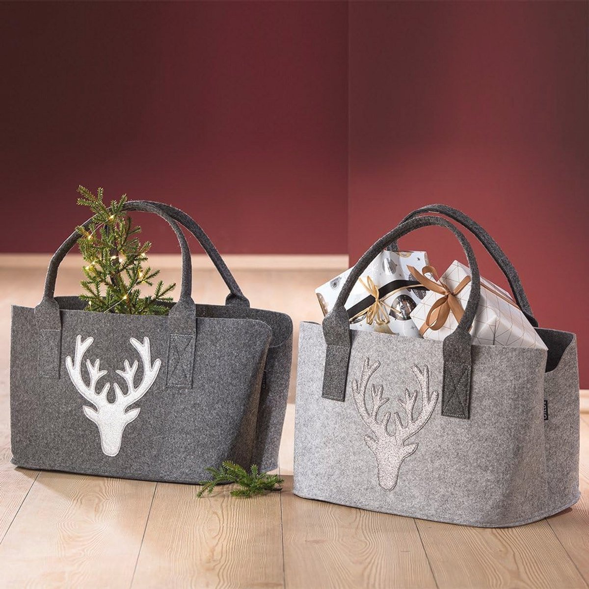 Vilten tas hert glitter grijs met riem voor winkel en opberging