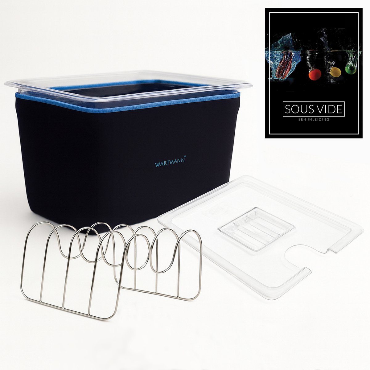 Wartmann Sous Vide Set - 12 Liter Waterbak - Deksel - BPA Vrije Polycarbonaat - Neopreen Isolatiehoes - RVS Rekje - Incl. Sous Vide Handboek - Duurzaam - Kostenbesparend - Vaatwasserbestendig