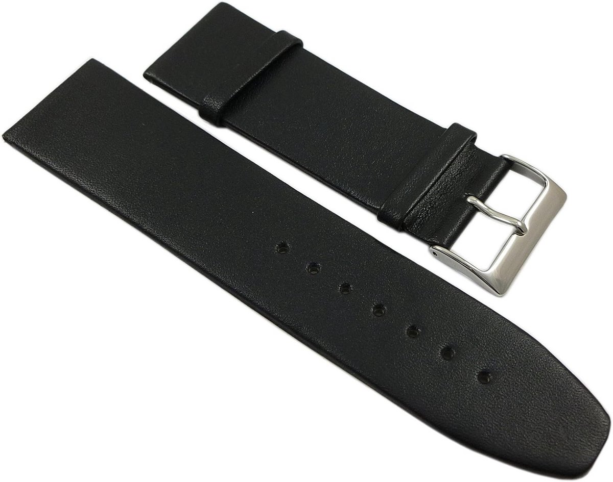 Horlogeband kalfsleer 28 mm zwart met zilverkleurige gesp